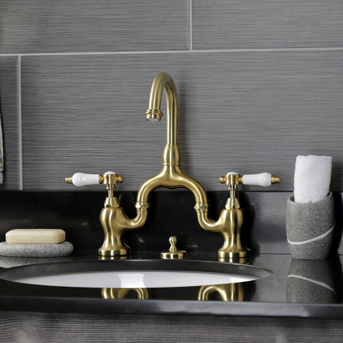 Bel-Air KS7997BPL Two-Handle 3-Hole Deck Mount Bridge Bathroom Faucet with Brass Pop-Up, Brushed Brass