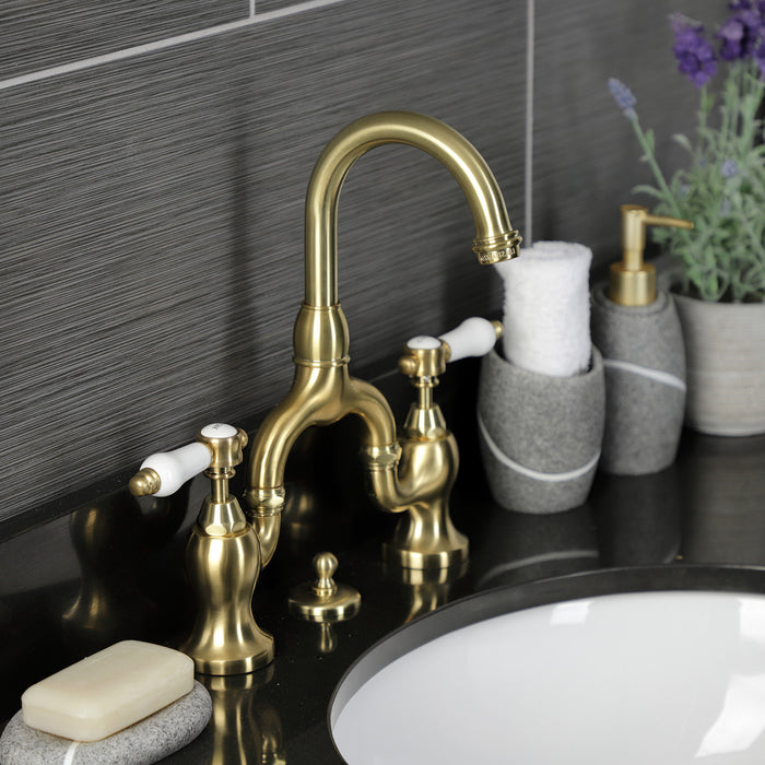 Bel-Air KS7997BPL Two-Handle 3-Hole Deck Mount Bridge Bathroom Faucet with Brass Pop-Up, Brushed Brass