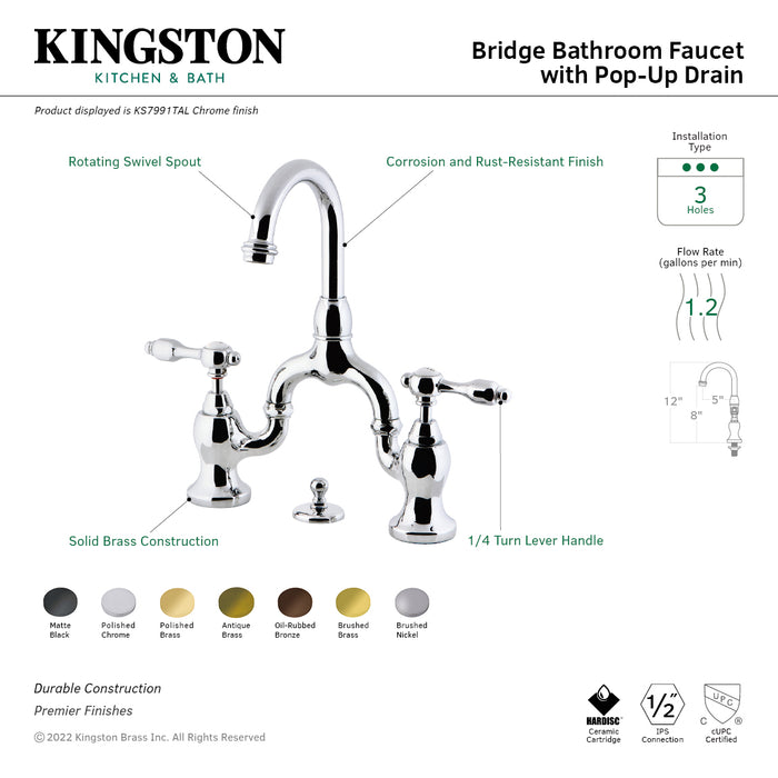 Tudor KS7998TAL Two-Handle 3-Hole Deck Mount Bridge Bathroom Faucet with Brass Pop-Up, Brushed Nickel