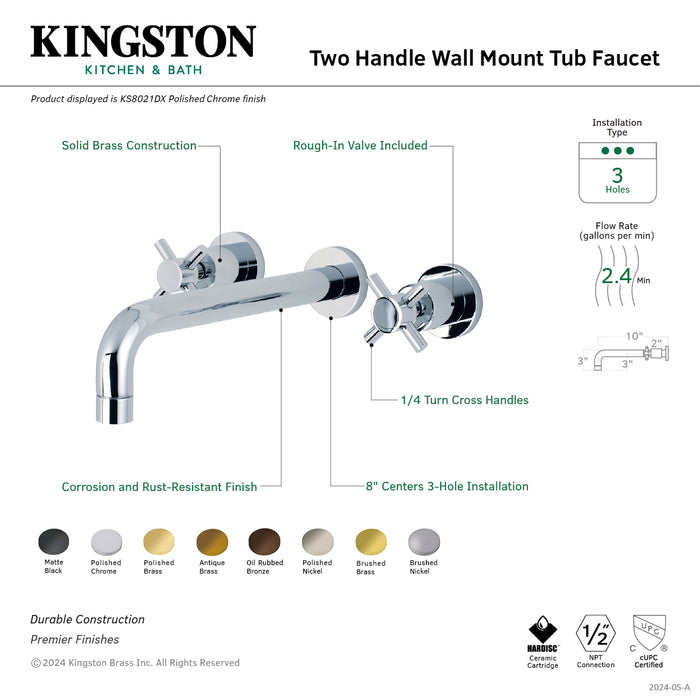 Concord KS8026DX Two-Handle 3-Hole Wall Mount Roman Tub Faucet, Polished Nickel