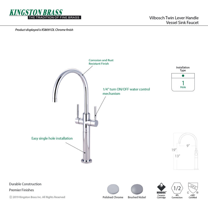 Concord KS8091DL Two-Handle 1-Hole Deck Mount Vessel Faucet, Polished Chrome