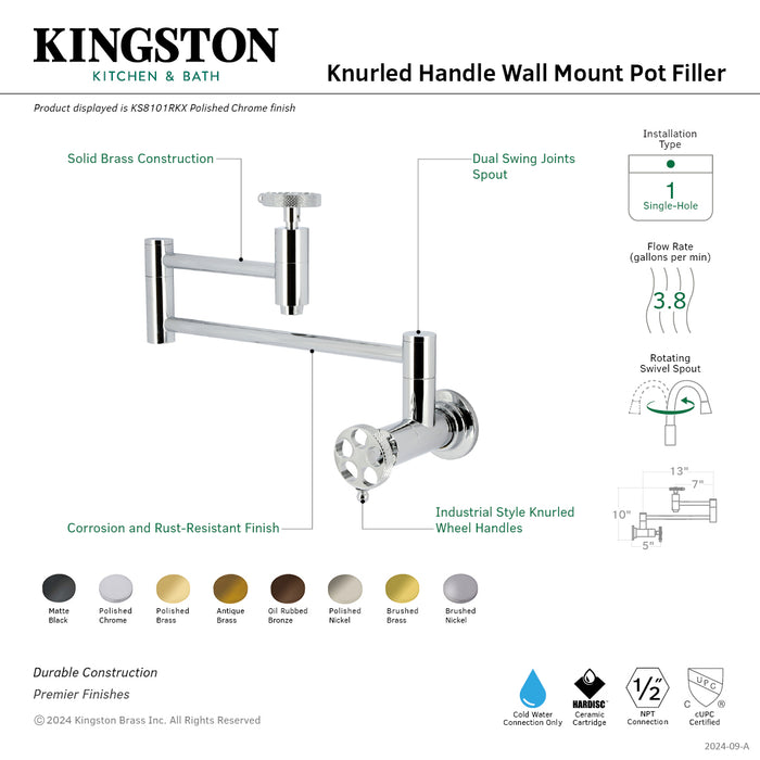 Webb KS8101RKX Two-Handle 1-Hole Wall Mount Pot Filler with Knurled Handle, Polished Chrome