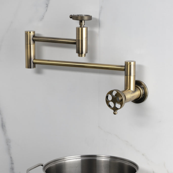 Wendell KS8103RKZ Two-Handle 1-Hole Wall Mount Pot Filler with Knurled Handle, Antique Brass