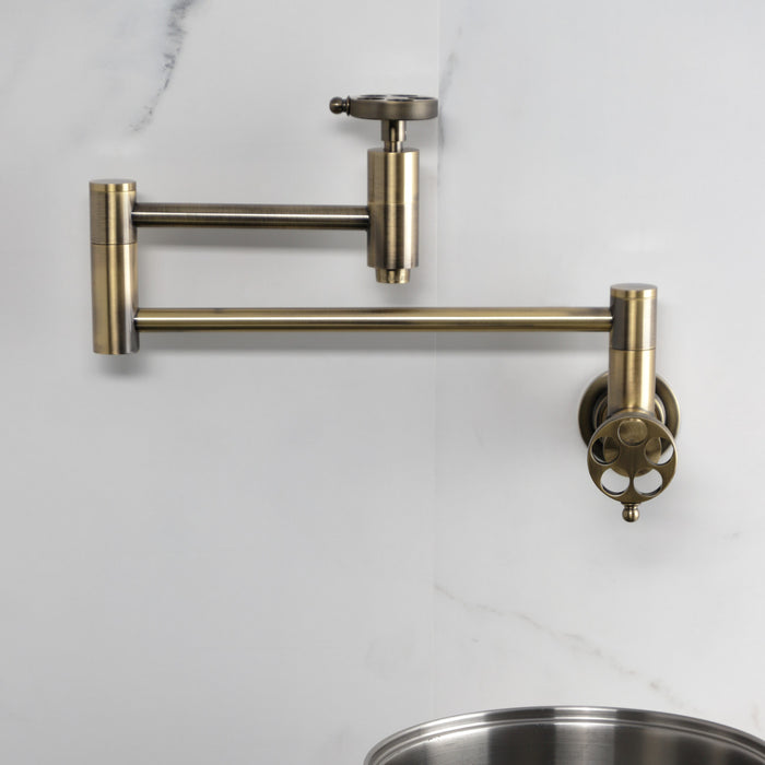 Wendell KS8103RKZ Two-Handle 1-Hole Wall Mount Pot Filler with Knurled Handle, Antique Brass