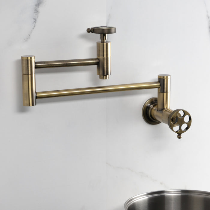 Wendell KS8103RKZ Two-Handle 1-Hole Wall Mount Pot Filler with Knurled Handle, Antique Brass