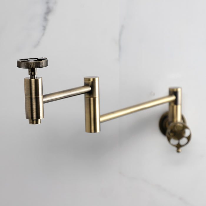 Wendell KS8103RKZ Two-Handle 1-Hole Wall Mount Pot Filler with Knurled Handle, Antique Brass