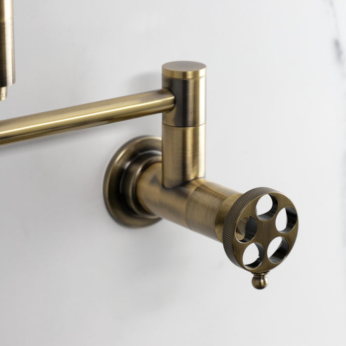 Wendell KS8103RKZ Two-Handle 1-Hole Wall Mount Pot Filler with Knurled Handle, Antique Brass