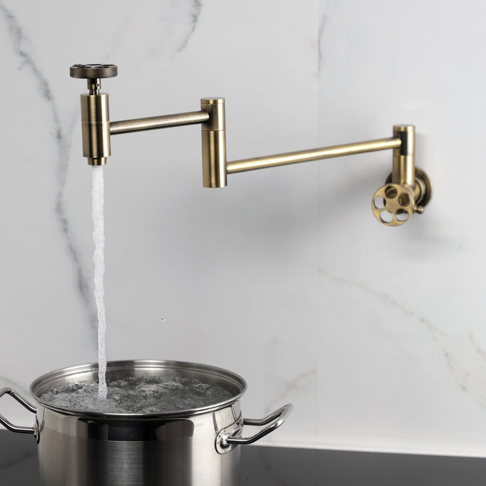 Wendell KS8103RKZ Two-Handle 1-Hole Wall Mount Pot Filler with Knurled Handle, Antique Brass