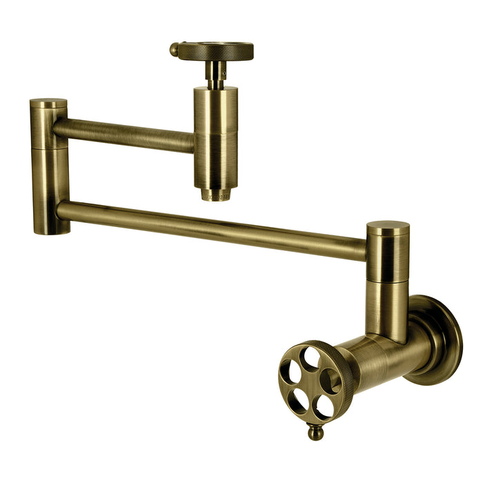 Wendell KS8103RKZ Two-Handle 1-Hole Wall Mount Pot Filler with Knurled Handle, Antique Brass