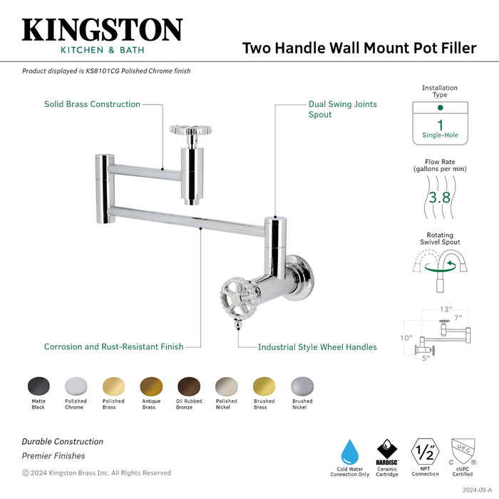 Fuller KS8108CG Two-Handle Wall Mount Pot Filler, Brushed Nickel