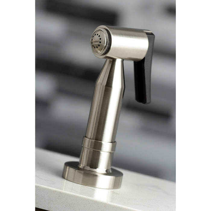 Kaiser KS8278DKLBS Two-Handle 4-Hole Deck Mount Bridge Kitchen Faucet with Brass Side Sprayer, Brushed Nickel