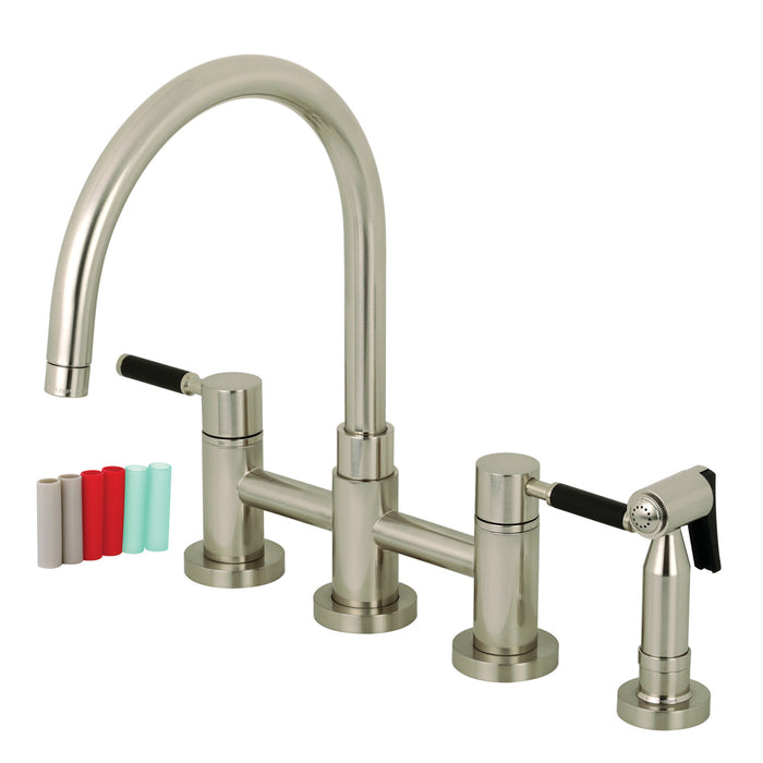 Kaiser KS8278DKLBS Two-Handle 4-Hole Deck Mount Bridge Kitchen Faucet with Brass Side Sprayer, Brushed Nickel