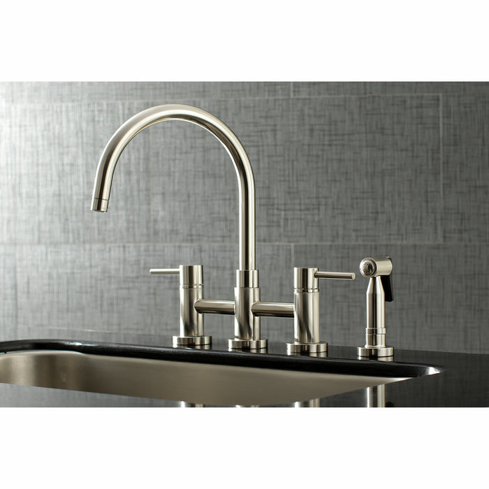 Concord KS8278DLBS Two-Handle 4-Hole Deck Mount Bridge Kitchen Faucet with Brass Side Sprayer, Brushed Nickel