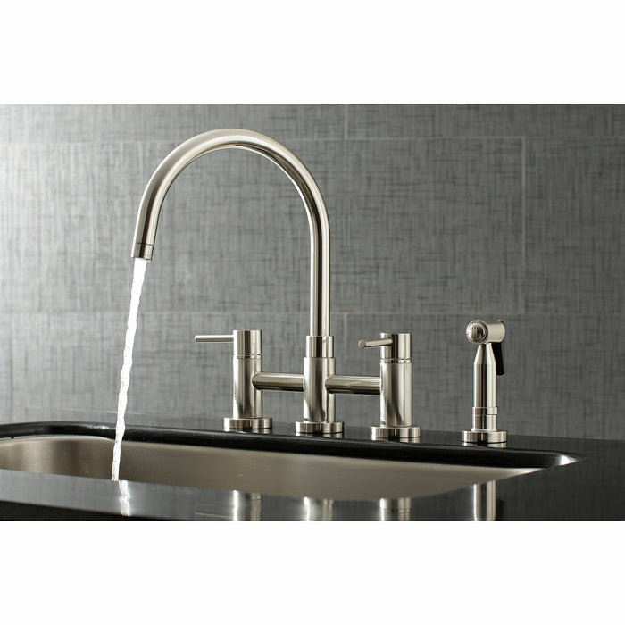 Concord KS8278DLBS Two-Handle 4-Hole Deck Mount Bridge Kitchen Faucet with Brass Side Sprayer, Brushed Nickel