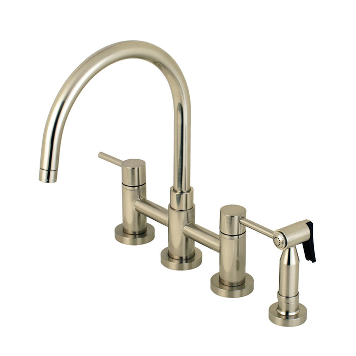 Concord KS8278DLBS Two-Handle 4-Hole Deck Mount Bridge Kitchen Faucet with Brass Side Sprayer, Brushed Nickel