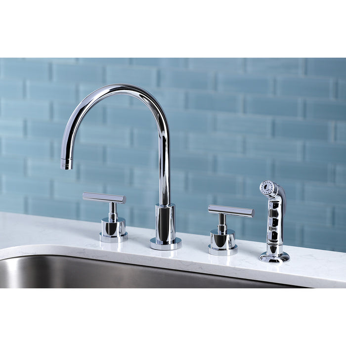 Manhattan KS8721CML Two-Handle 4-Hole Deck Mount Widespread Kitchen Faucet with Plastic Sprayer, Polished Chrome