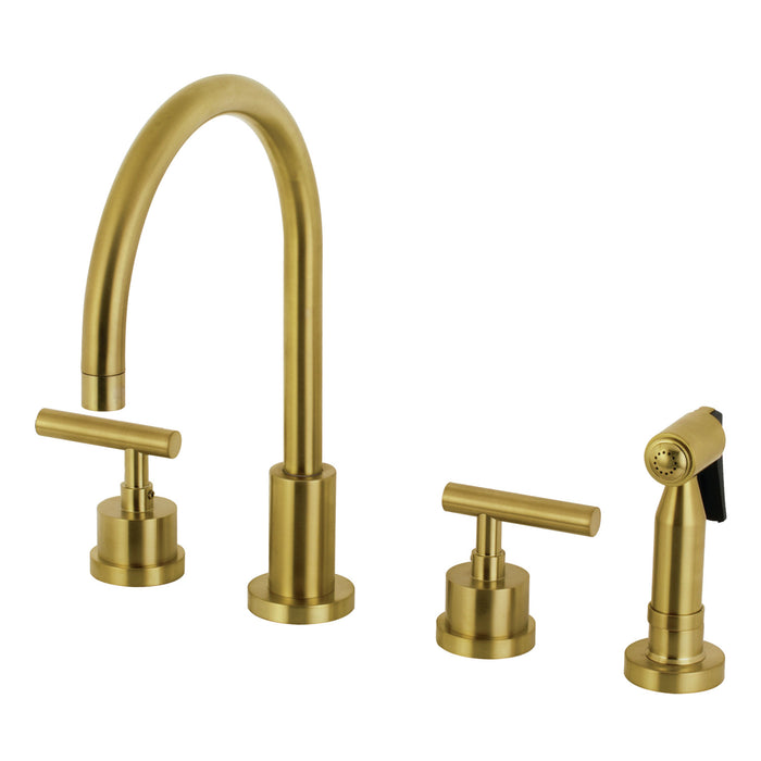 Manhattan KS8727CMLBS Two-Handle 4-Hole Deck Mount Widespread Kitchen Faucet with Brass Sprayer, Brushed Brass