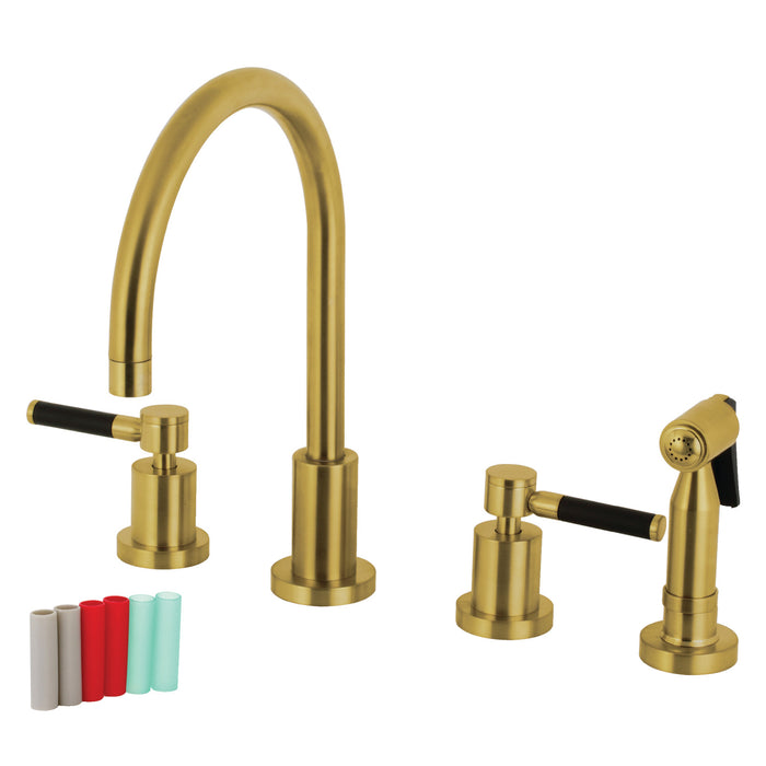 Kaiser KS8727DKLBS Two-Handle 4-Hole Deck Mount Widespread Kitchen Faucet with Brass Sprayer, Brushed Brass