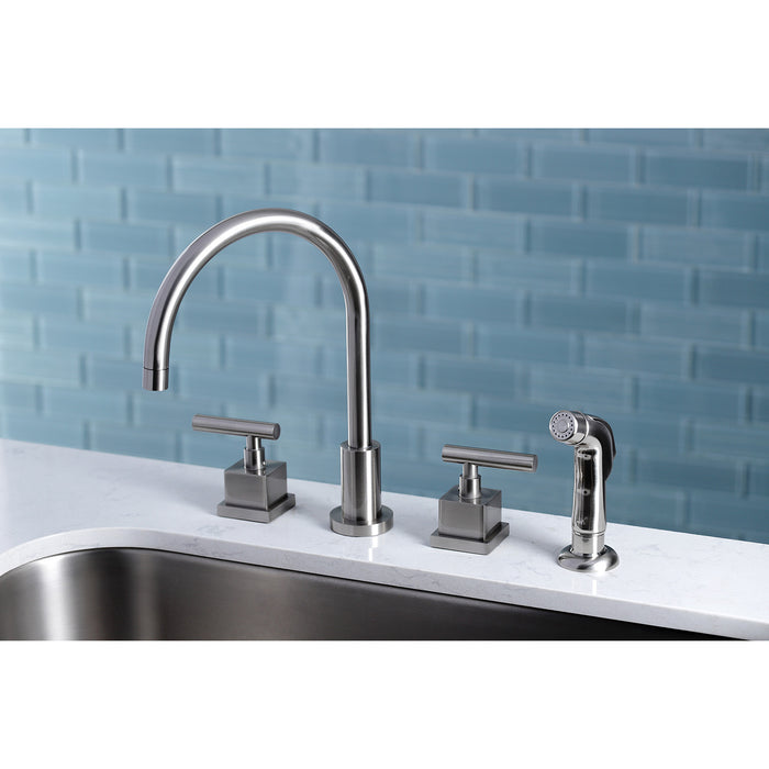 Claremont KS8728CQL Two-Handle 4-Hole Deck Mount Widespread Kitchen Faucet with Plastic Sprayer, Brushed Nickel