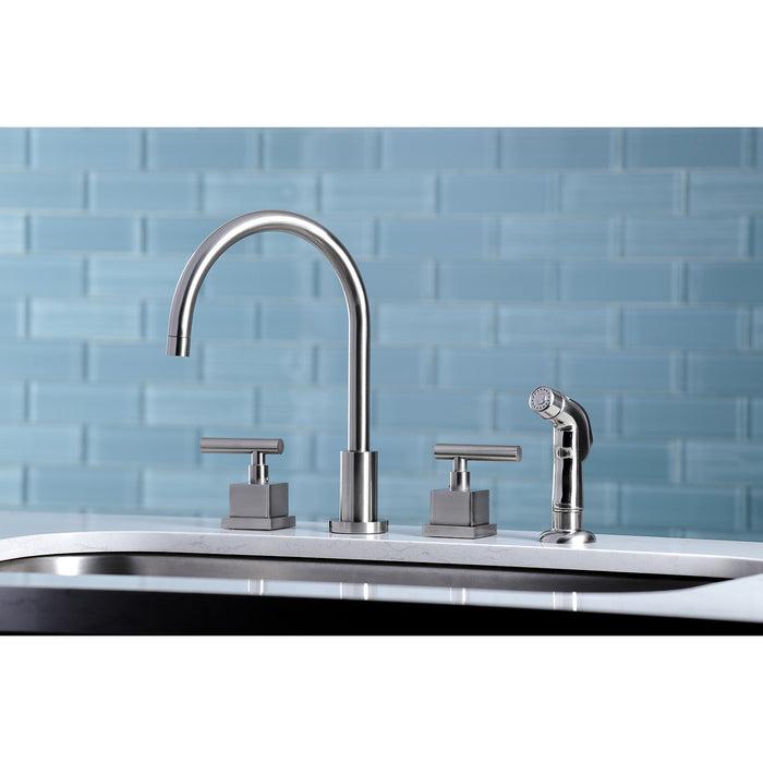 Claremont KS8728CQL Two-Handle 4-Hole Deck Mount Widespread Kitchen Faucet with Plastic Sprayer, Brushed Nickel