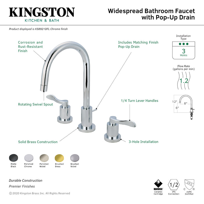 NuWave KS8926DFL Two-Handle 3-Hole Deck Mount Widespread Bathroom Faucet with Brass Pop-Up Drain, Polished Nickel