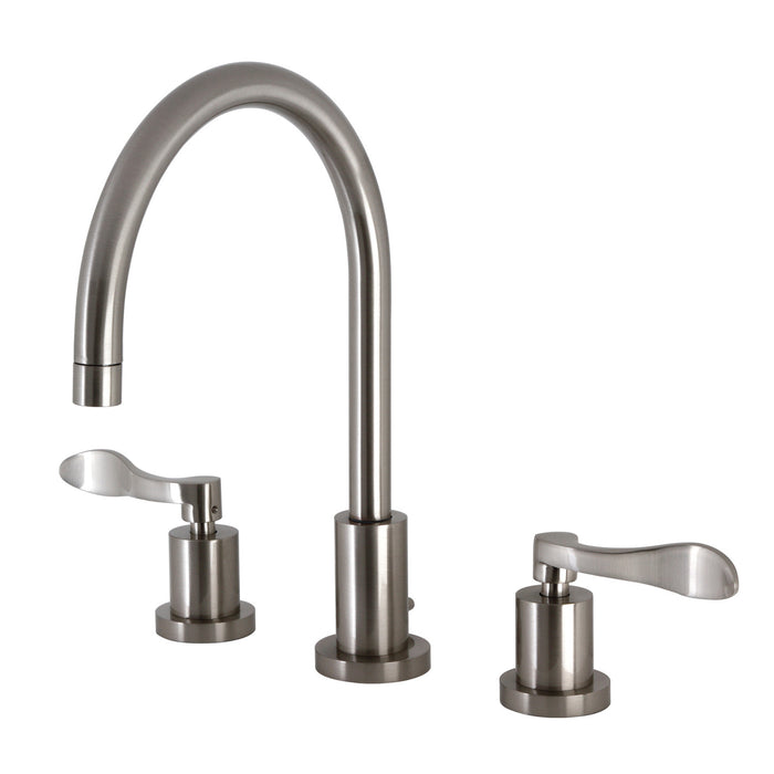 NuWave KS8928DFL Two-Handle 3-Hole Deck Mount Widespread Bathroom Faucet with Brass Pop-Up Drain, Brushed Nickel