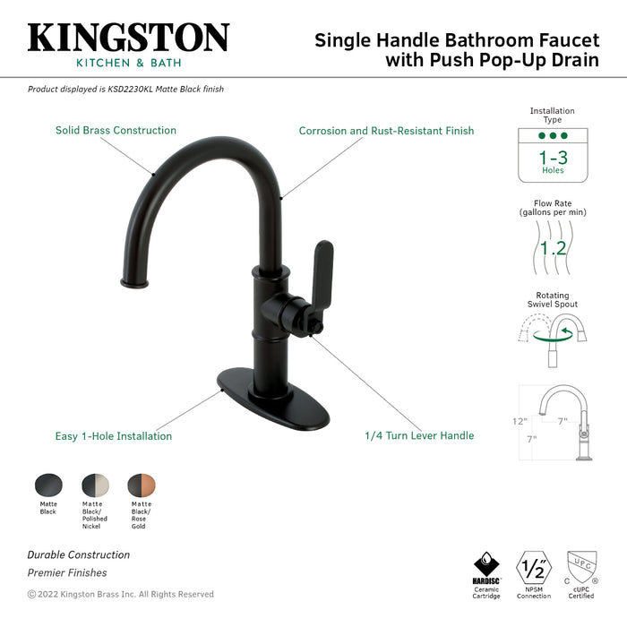 Whitaker KSD2237KL One-Handle 1-Hole Bathroom Faucet with Deck Plate and Push Pop-Up Drain, Matte Black/Rose Gold