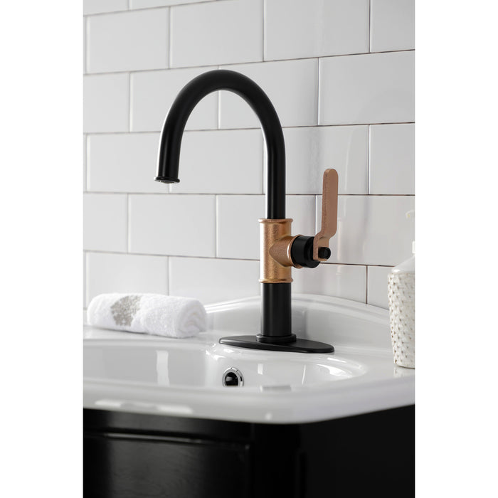 Whitaker KSD2237KL One-Handle 1-Hole Bathroom Faucet with Deck Plate and Push Pop-Up Drain, Matte Black/Rose Gold