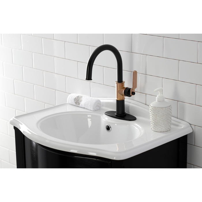 Whitaker KSD2237KL One-Handle 1-Hole Bathroom Faucet with Deck Plate and Push Pop-Up Drain, Matte Black/Rose Gold