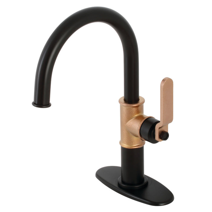 Whitaker KSD2237KL One-Handle 1-Hole Bathroom Faucet with Deck Plate and Push Pop-Up Drain, Matte Black/Rose Gold