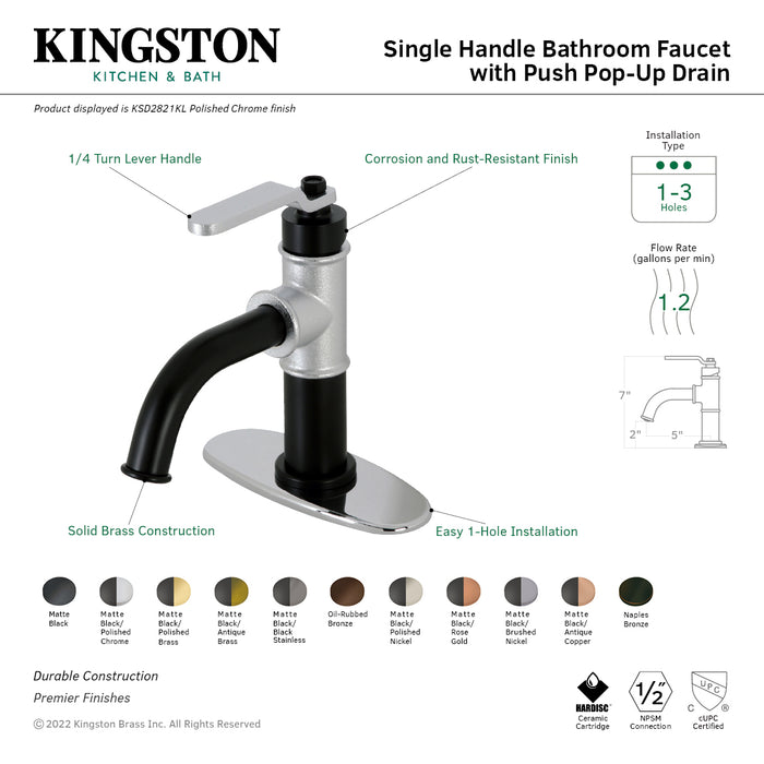 Whitaker KSD2820KL One-Handle 1-Hole Bathroom Faucet with Deck Plate and Push Pop-Up Drain, Matte Black