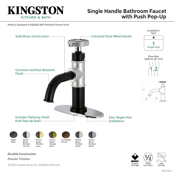 Webb KSD2822RKX Single-Handle 1-Hole Deck Mount Bathroom Faucet with Knurled Handle and Push Pop-Up Drain, Matte Black/Polished Brass