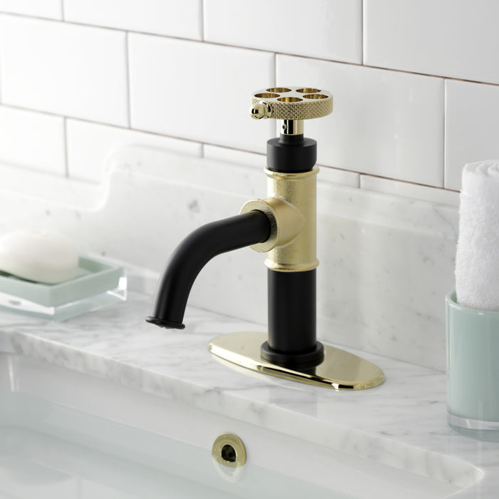 Webb KSD2822RKX Single-Handle 1-Hole Deck Mount Bathroom Faucet with Knurled Handle and Push Pop-Up Drain, Matte Black/Polished Brass