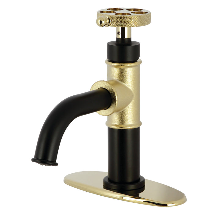 Webb KSD2822RKX Single-Handle 1-Hole Deck Mount Bathroom Faucet with Knurled Handle and Push Pop-Up Drain, Matte Black/Polished Brass