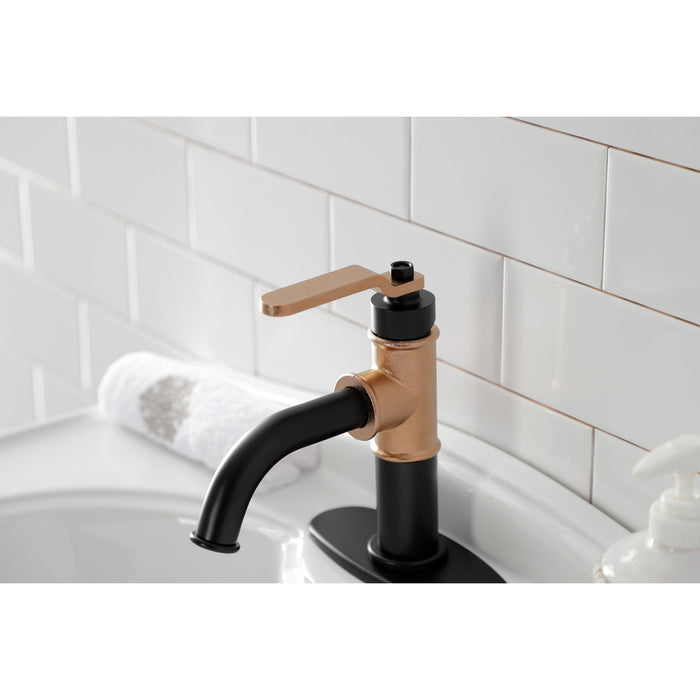 Whitaker KSD2827KL One-Handle 1-Hole Bathroom Faucet with Deck Plate and Push Pop-Up Drain, Matte Black/Rose Gold