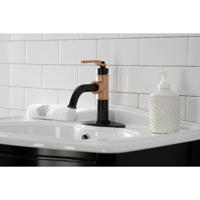 Whitaker KSD2827KL One-Handle 1-Hole Bathroom Faucet with Deck Plate and Push Pop-Up Drain, Matte Black/Rose Gold