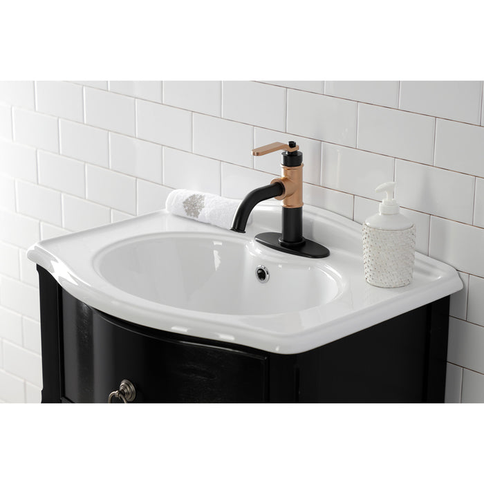 Whitaker KSD2827KL One-Handle 1-Hole Bathroom Faucet with Deck Plate and Push Pop-Up Drain, Matte Black/Rose Gold