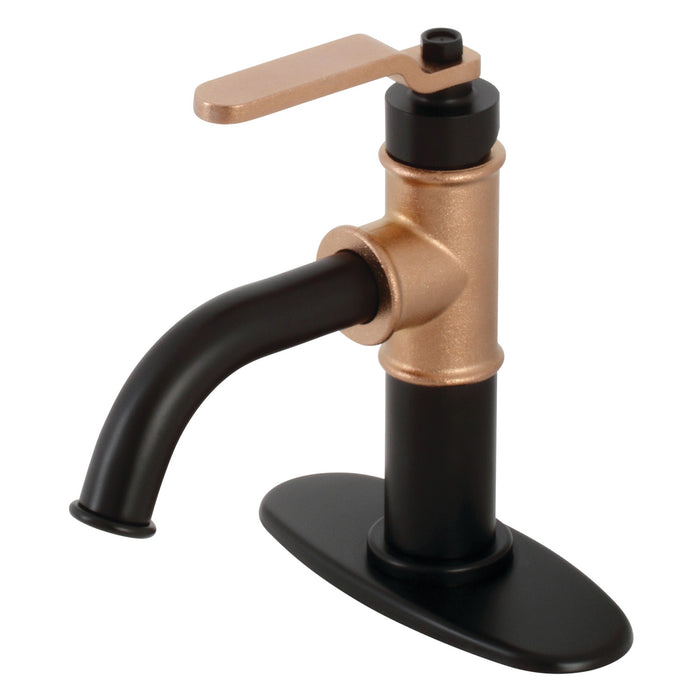 Whitaker KSD2827KL One-Handle 1-Hole Bathroom Faucet with Deck Plate and Push Pop-Up Drain, Matte Black/Rose Gold