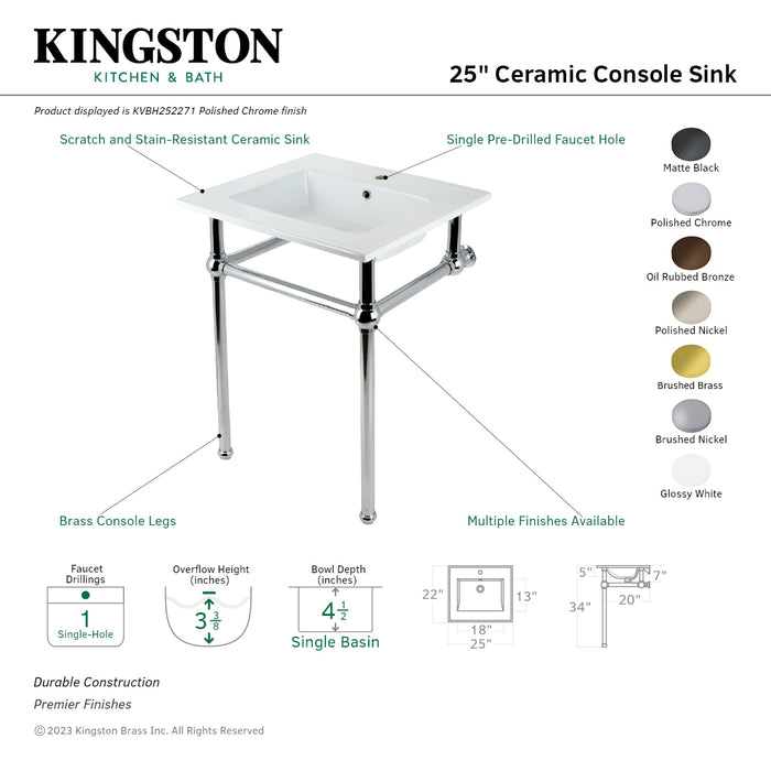 Fauceture KVBH252275 25-Inch Console Sink with Brass Legs (Single Faucet Hole), White/Oil Rubbed Bronze