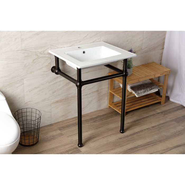 Fauceture KVBH252275 25-Inch Console Sink with Brass Legs (Single Faucet Hole), White/Oil Rubbed Bronze