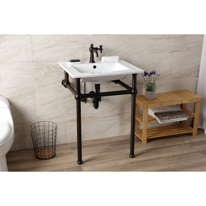 Fauceture KVBH252275 25-Inch Console Sink with Brass Legs (Single Faucet Hole), White/Oil Rubbed Bronze