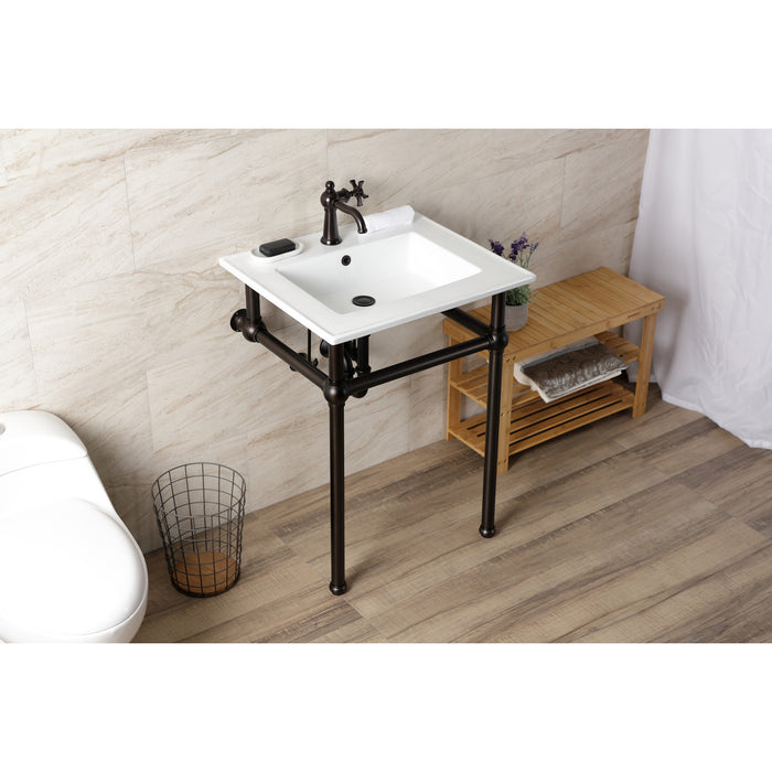 Fauceture KVBH252275 25-Inch Console Sink with Brass Legs (Single Faucet Hole), White/Oil Rubbed Bronze