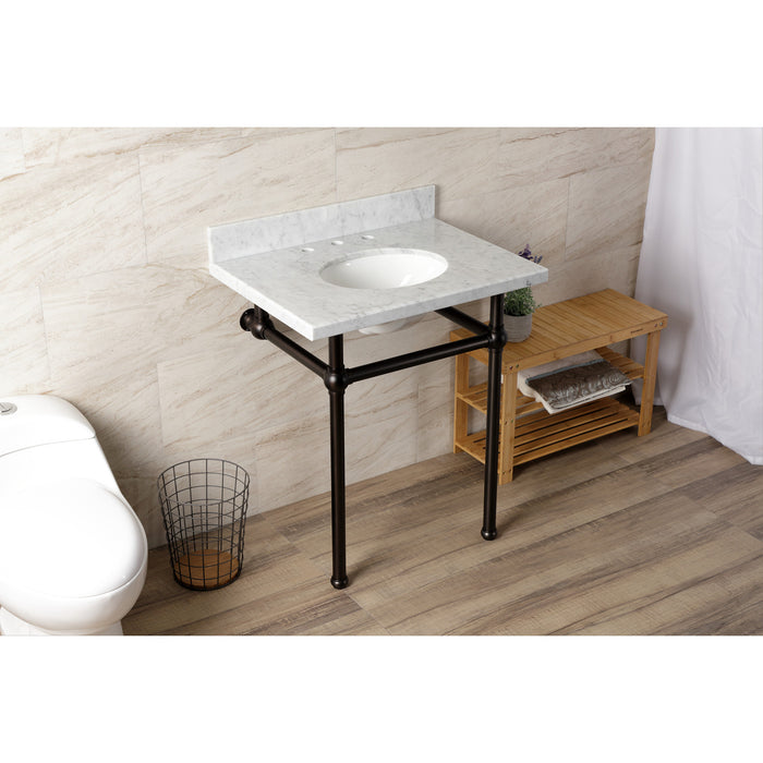 Fauceture KVBH3022M85 30-Inch Console Sink with Brass Legs (8-Inch, 3 Hole), Marble White/Oil Rubbed Bronze