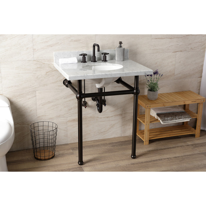 Fauceture KVBH3022M85 30-Inch Console Sink with Brass Legs (8-Inch, 3 Hole), Marble White/Oil Rubbed Bronze