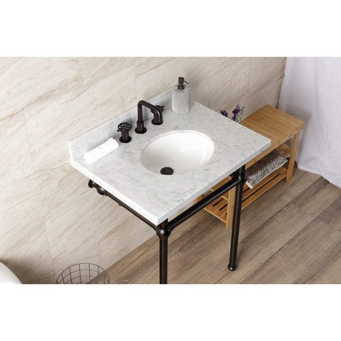 Fauceture KVBH3022M85 30-Inch Console Sink with Brass Legs (8-Inch, 3 Hole), Marble White/Oil Rubbed Bronze