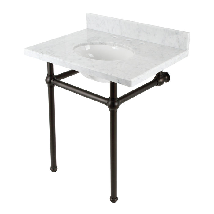 Fauceture KVBH3022M85 30-Inch Console Sink with Brass Legs (8-Inch, 3 Hole), Marble White/Oil Rubbed Bronze