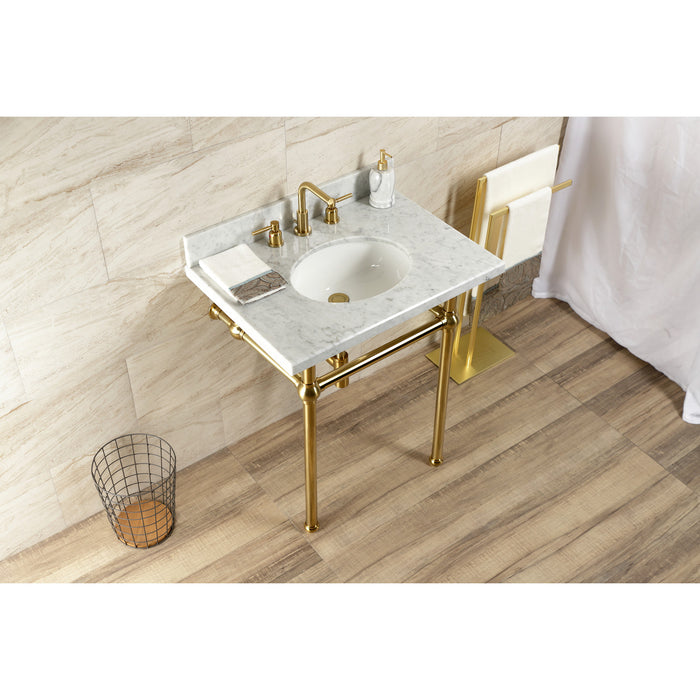 Fauceture KVBH3022M87 30-Inch Console Sink with Brass Legs (8-Inch, 3 Hole), Marble White/Brushed Brass