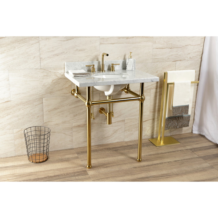 Fauceture KVBH3022M87 30-Inch Console Sink with Brass Legs (8-Inch, 3 Hole), Marble White/Brushed Brass