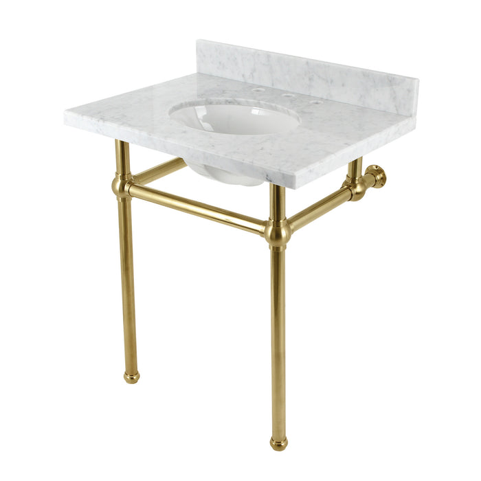 Fauceture KVBH3022M87 30-Inch Console Sink with Brass Legs (8-Inch, 3 Hole), Marble White/Brushed Brass