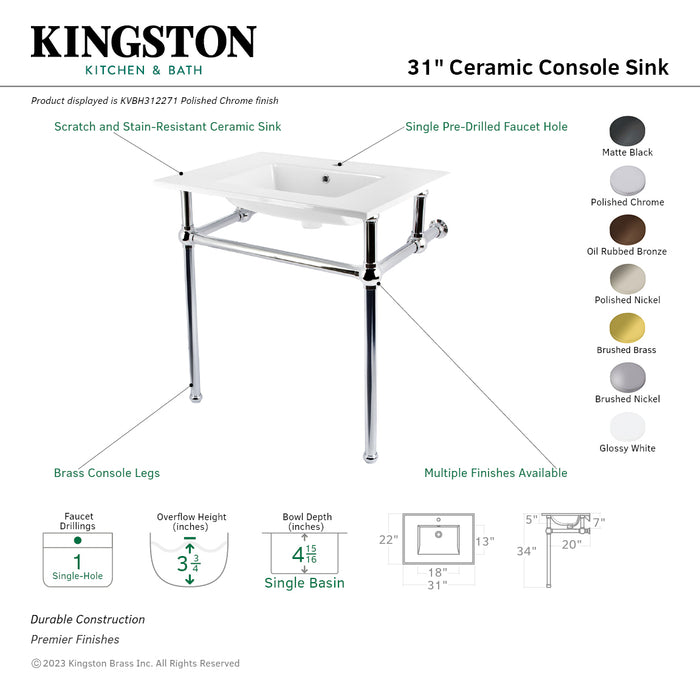 Fauceture KVBH312270 31-Inch Console Sink with Brass Legs (Single Faucet Hole), White/Matte Black